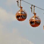 Three shiny copper-colored spherical ornaments hanging on a string against a blue sky.